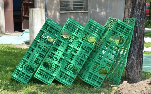 Pipelife Stormboxes leaning against a tree before installation