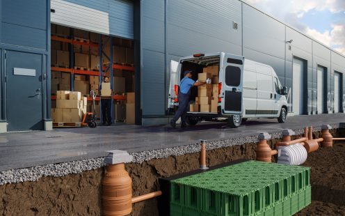 A stormwater management system installed next to a logistics warehouse | Pipelife